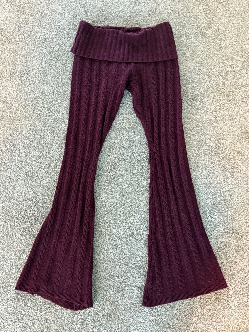 Cable Knit Fold-Over Waist Flared Pants - Deep Burgundy
